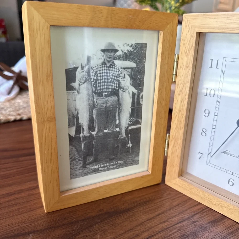 Eddie Bauer Desk Clock Photo Frame Combo Wood Foldable Tabletop Decor Cabin